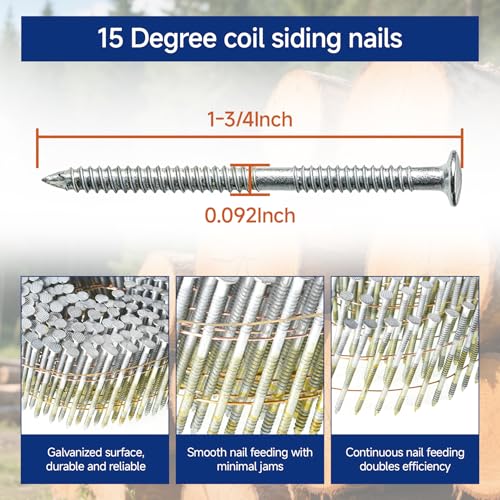 GXYWADY 3600Pcs Wire Coil Siding Nails 0.092 x 1-3/4 In Hot-Dip Galvanized Paint-Dipped Ring Shank Inclined 15 Degree Full Round Head Siding Nails of Lathing and Sheathing Materials - size: 0.092*1-3/4in
