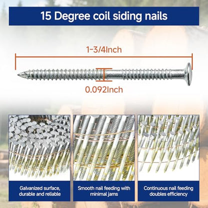 GXYWADY 3600Pcs Wire Coil Siding Nails 0.092 x 1-3/4 In Hot-Dip Galvanized Paint-Dipped Ring Shank Inclined 15 Degree Full Round Head Siding Nails of Lathing and Sheathing Materials - size: 0.092*1-3/4in