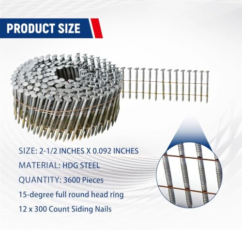 waltyotur 2-1/2Inch x 0.092Inch Collated Wire Coil Siding Nails 15-Degree Full Round-Head Ring 3600 Count Hot-Dipped Galvanized for Rough Nailing of Lathing and Sheathing Materials - size: 0.092*2-1/2in
