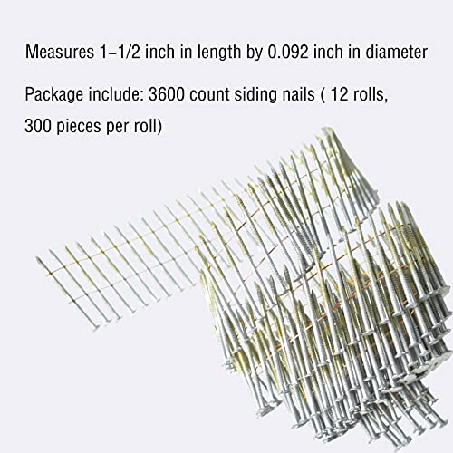 Wire Coil Siding Nails - 1-1/2 x 0.092 Ring Shank 15 Degree Full Round Head Siding Nails, 3600 Count Hot-Dipped Galvanized for Rough Nailing of Lathing and Sheathing Materials - size: 0.092*1-1/2in
