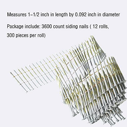 Wire Coil Siding Nails - 1-1/2 x 0.092 Ring Shank 15 Degree Full Round Head Siding Nails, 3600 Count Hot-Dipped Galvanized for Rough Nailing of Lathing and Sheathing Materials - size: 0.092*1-1/2in