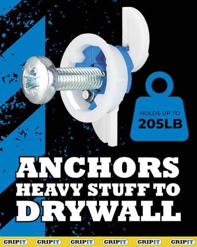 Gripit Blue Drywall Anchors | Pack of 4 (Up to 205Ibs/93kg) | Heavy Duty Drywall Anchors | Wall Anchors & Screws for Drywall | Anchors Screws Kit | Plaster Wall Anchors | 1" Inch Drill Bit | Reusable