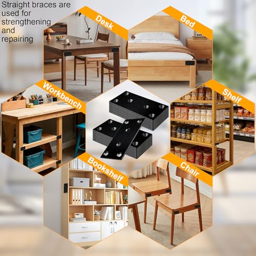 20 Pack Flat Straight Brace Bracket, 4 x 2 inch Black Steel Stainless Mending Plate with Screws, Flat Metal Brackets for Wood Furniture Shelves Repair (100 × 50 mm)