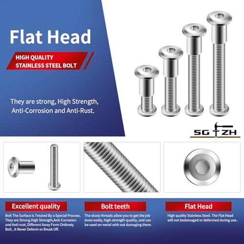1/4-20 x 1-1/2" 10Pcs Flat Head Hex Socket Cap Screws Bolts Barrel Nuts Kit, 304 Stainless Steel 18-8, Full Thread by SG TZH (with Hex Spanner) - color: Silver, size: 1/4-20 x 1-1/2"
