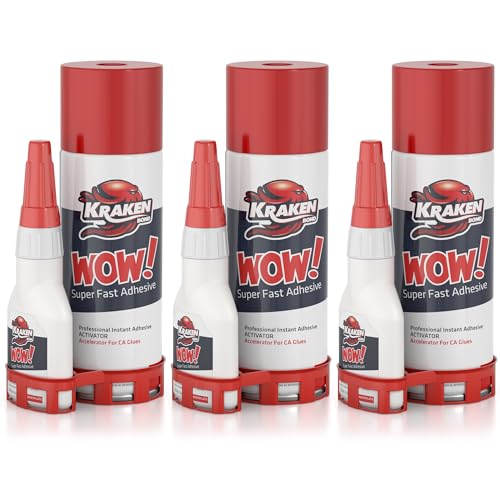 Kraken Bond Wow! CA Glue (3x1.75 oz) & Activator (3x6.75 fl oz) - Cyanoacrylate Glue for Woodworking, Craft & Repairs | Fast Bonding | 3 Pack - size: 3 Pack