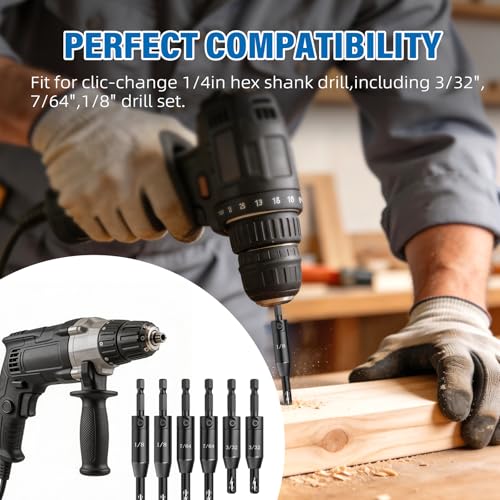 BURMONG 6-Piece Self Centering Drill Bit Set, Durable HSS VIX Bit with Hex Key, 3/32”, 7/64”, 1/8” Center Drill Bits, 1/4 Inch Hex Shank for Drilling Holes & Installing Hinges