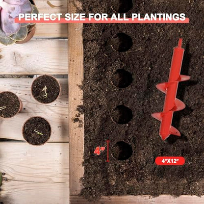 Auger Drill Bit for Planting - 4" X 12" Heavy-Duty Garden Auger Spiral Drill Bit - Bulb Planter Tool & Auger Post Hole Digger - 3/8" Hex Drive Drill - size: 4"x12"-Red