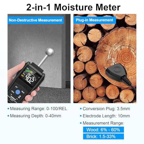 Pin & Pinless Moisture Meter with Color LCD & Acoustic Alarm, Detects up to 20-40 mm; Digital Moisture Detector for Wood, Drywall, Masonry & Other Building Materials