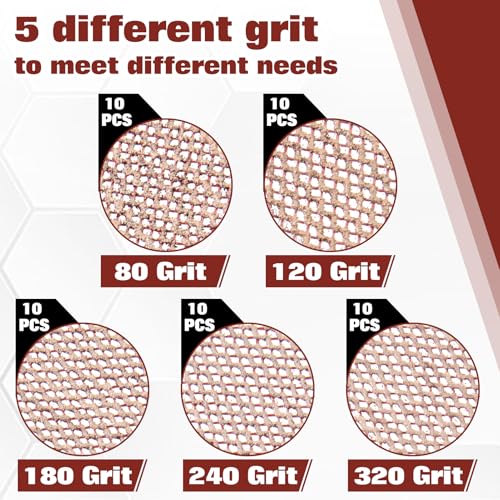 5 Inches Mesh Sandpaper 50 Pieces Hook and Loop Sanding Discs, Grits 80, 120, 180, 240, 320 Mesh Abrasive Dust Free Net Sandpaper Abrasives Pads Sander for Auto Body, Wood, Drywall, Metal - style: 5" x 50pcs