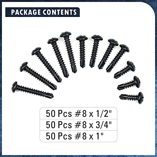 410 Stainless Steel #8 Self Drilling TEK Screw Assortment Kit, Pan Head Self Tapping Sheet Metal Screws, Length 1/2" 3/4" 1" 150 PCS - Black Oxide - size: #8 Pan Head
