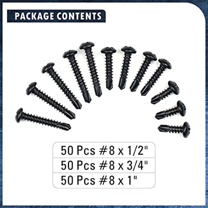 410 Stainless Steel #8 Self Drilling TEK Screw Assortment Kit, Pan Head Self Tapping Sheet Metal Screws, Length 1/2" 3/4" 1" 150 PCS - Black Oxide - size: #8 Pan Head