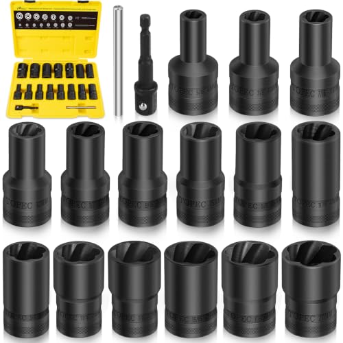 Topec 17Pcs Lug Nut Extractor Set, 1/2" Drive Locking Lug Nut Removal Tool, 8-27mm Wheel Lock Removal Kit, Deep Bolt Extractor Socket Set for Stripped, Broken, Rounded Bolts - size: 17 PCS