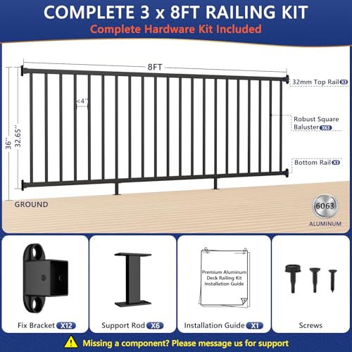 36 in H x 24 ft W Modular Real Aluminum Deck Railing Kit, 3 Panels - color: 8ft Level - 3Pack