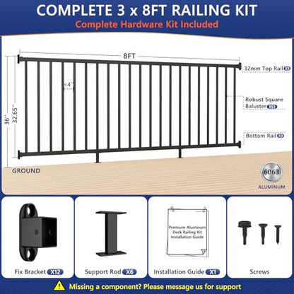36 in H x 24 ft W Modular Real Aluminum Deck Railing Kit, 3 Panels - color: 8ft Level - 3Pack
