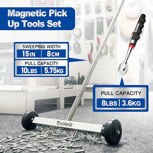 Toolwiz 15" Rolling Magnetic Sweeper with Telescopic Magnetic Pick Up Tool - size: 15 inches + 16 LB Pick Up Tool