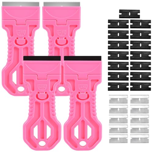 4 Pack Razor Blade Scraper, 25 Blades, Long Handle Scraper Tool (Pink) - color: Pink