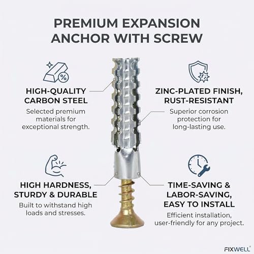 Concrete Wall Anchors and Screws Kit 50 Sets, 8mm Heavy Duty Masonry Anchors for Brick & Stone, Metal Expansion Wall Plugs Mounting Hardware for Shelf Installation