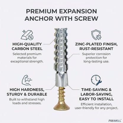 Concrete Wall Anchors and Screws Kit 50 Sets, 8mm Heavy Duty Masonry Anchors for Brick & Stone, Metal Expansion Wall Plugs Mounting Hardware for Shelf Installation