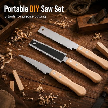 3pcs Flush Cut Pull Saw Set, Fine Teeth Mini Hand Saws with Wooden Handle, Small Portable Woodworking Detail Cutter for DIY