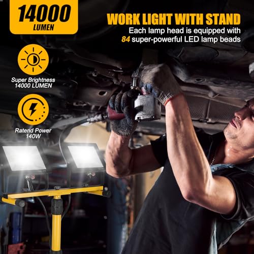 14000Lumen LED Work Lights with Stand - 2 Head Portable Work Light on Stand - style: yellowr-2-head