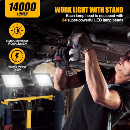 14000Lumen LED Work Lights with Stand - 2 Head Portable Work Light on Stand - style: yellowr-2-head
