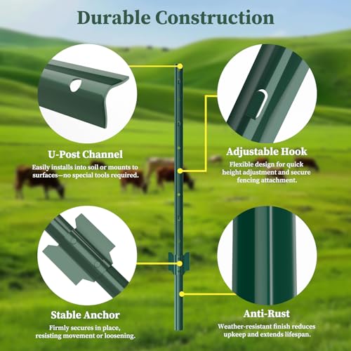 Metal Fence Posts Heavy Duty U-Post Stakes for Wire Fencing, 4 FT Green - color: Green, size: 4FT-10P