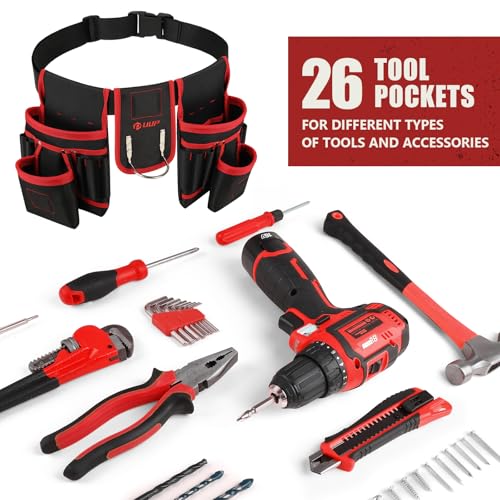 Magnetic Tool Belt for Men, 26 Pockets Heavy Duty Nail Tool Pouch Dad Gift - color: Red