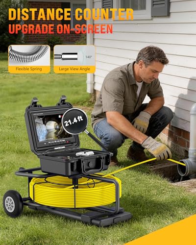 OKK Sewer Camera with 512Hz Locator, Professional 9" Self-Leveling Drain Camera 300ft, Distance Counter, 7mm Cable, Pull Handle, Wheels, IP68 Waterproof, DVR with Mic, 32GB Card, 5100mAh Battery - size: 300ft/90m