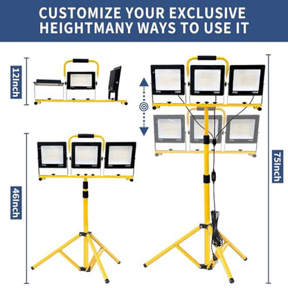 30000LM LED Work Light with Stand & Tripod 3 Head Dimmable IP66 - color: 3 Pack