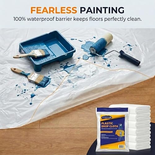 Drop Cloth Painters Plastic Sheeting - Plastic Drop Cloths for Painting, 9 x 12 Feet Paint Drop Cloth Tarp, Clear Plastic Tarp Cover, 1 Mil Thick Plastic Sheeting, Multi-Purpose Use (12 Pack) - color: 12 Pack, size: 1 Mil