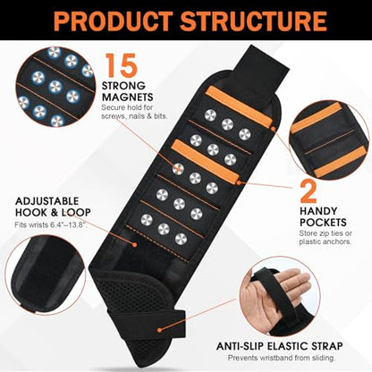 Magnetic Wristband Tool Holder, 15 Magnets for Screws, Nails and Drill Bits