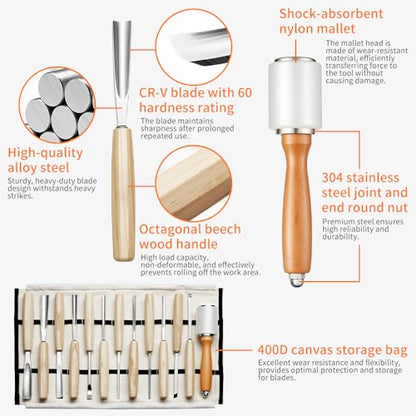 BAUSATZ Wood Carving Kit, 12 Chisels + 1 Mallet + Canvas Pouch, Wood Carving Tools, Cr-V 60 Steel Blades, Woodworking Tools for Professionals Carpenters Wood Chisel Sets for Woodworking Beginners