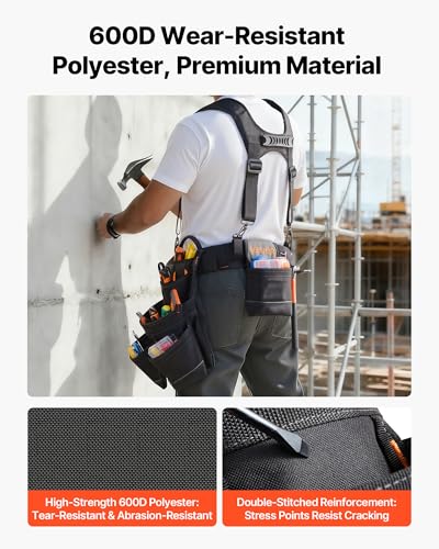VEVOR Tool Belt, 19 Pockets Tool Pouch with Suspenders for Men, Heavy Duty Adjustable Utility Belt Work Bag Detachable Suspension Rig for Electrician, Carpenter, Construction, Adjust Waist 31 to 51in - size: 19 Pockets