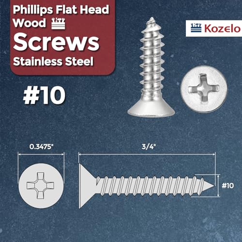 25pcs Phillips Flat Wood Screws #10x3/4 316 Stainless Steel Silver - size: #10x3/4"