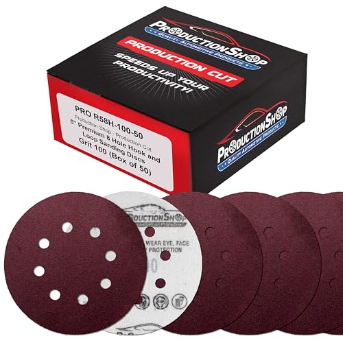 ProductionShop Premium 5" Red 8-Hole Pattern 100 Grit Sanding Discs, Box of 50 - Dustless Hook & Loop Backing Sandpaper for Random Orbital Sanders, Medium-Cut Abrasive - Woodworking, Sand Auto Paint - style: 100 Grit