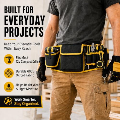 Tool Belt for Men with Compact Drill Holster, Large Tool Pouch, 600D Oxford