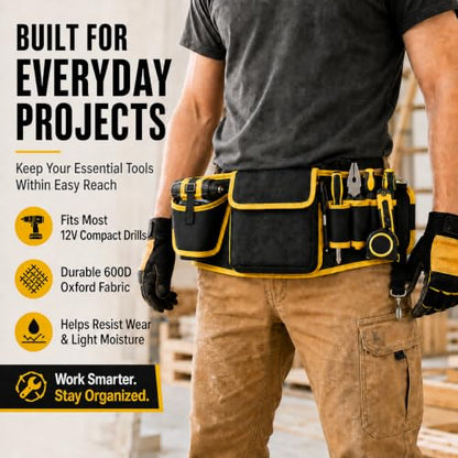 Tool Belt for Men with Compact Drill Holster, Large Tool Pouch, 600D Oxford