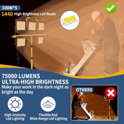 50000LM LED Work Light with Stand & Tripod 3 Head Dimmable IP66 - color: 5 Pack