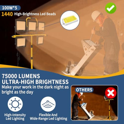 50000LM LED Work Light with Stand & Tripod 3 Head Dimmable IP66 - color: 5 Pack