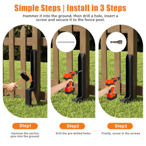 6 Pcs Fence Post Repair Kit,4×4/6x6 Fence Post Support,Heavy Duty Post Anchor Ground Spike with One-Piece Steel Anchor & Stakes for Repair Tilted, Broken Wood Fence Post