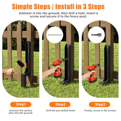 6 Pcs Fence Post Repair Kit,4×4/6x6 Fence Post Support,Heavy Duty Post Anchor Ground Spike with One-Piece Steel Anchor & Stakes for Repair Tilted, Broken Wood Fence Post