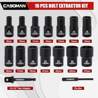 CASOMAN 16PCS 1/2" Drive Impact Bolt and Nut Extractor Socket Set, Stripped Lug Nut Remover Include Hex Shank Adapter & Pin Bar, for Removing Damaged Rusted Broken Rounded Fasteners off, CR-MO, Metric - size: 16-Piece