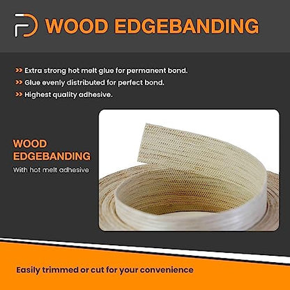Furndiy Birch 7/8" x 50' Roll Pre-Glued Wood Veneer Edge Banding, Iron on Edge Band, Hot Melt Adhesive, Real Wood Edge Tape, Veneer Edging for Easy Furniture Restoration, Smooth Surface, Based in USA