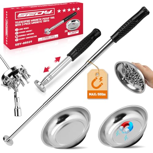 3 Pack Telescoping Magnetic Pickup Tool with Parts Tray, Magnet Stick Extendable up to 41in, Non-Slip Extendable Magnet Pickup Tool with 50lb Pull Force for Nail, Screws & Metal Debris Workshop Garage - style: 50LB Stick with Dual 4" Trays