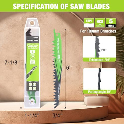 WORKPRO 6" Wood Pruning Reciprocating Saw Blade Set, 5TPI, 5-Piece - size: 6 Inch