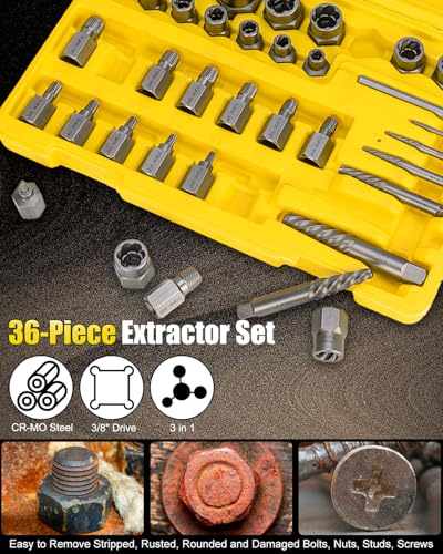 Topec 36Pcs Screw & Bolt Extractor Kit, 3-in-1 Easy Out Screw Extractor Set, 3/8" Drive Broken Bolt Extractor Socket Set, for Damaged, Rounded, Stripped Screw Removal