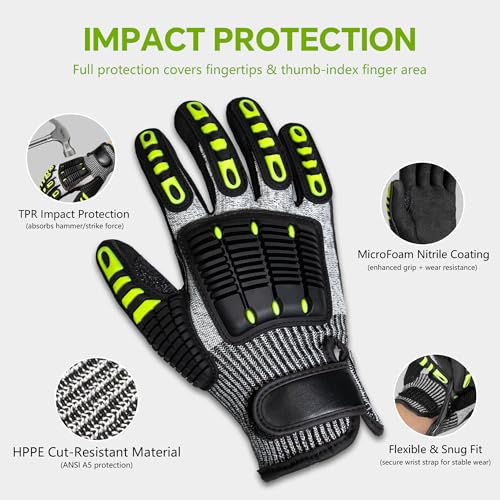 Impact Reducing Work Gloves for Men - ANSI Cut Level A5 with TPR Knuckle Guards & Shock Absorption, Nitrile Coated Palm for Maximum Grip, Heavy Duty for Construction, Warehouse, Auto Repair (X-L) - size: X-Large