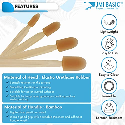 JMIBASIC Round Caulk Finishing Tool - 4 Size Sets - Radius Smooth Grout Silicone Applicator for Curved Edge - Urethane Rubber Sealant Caulking Spatula Spreader - Bamboo Handle Grip