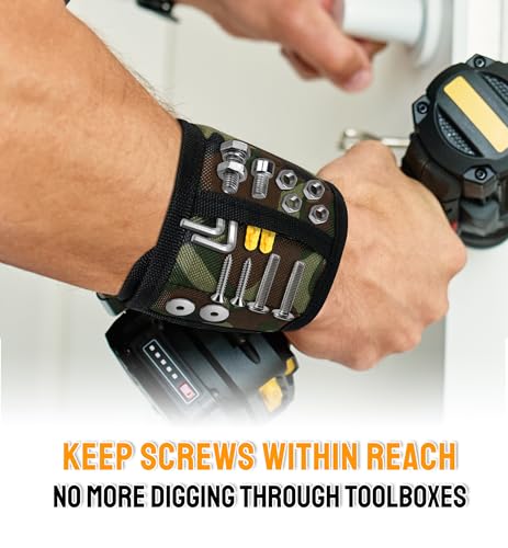 HiRui Magnetic Wristband for Tools – Ultra-Strong 15 Neodymium Magnets Hold Screws, Nails & Bits, Dual Pockets – Hands‑Free for DIY, Home Repairs, Auto – Gift‑Ready for Dad, Husband, Grandpa (CAMO) - color: Camo