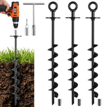 Heavy Duty Ground Anchors Screw in with Drill Adapter & T-Wrench - size: 3 Pack